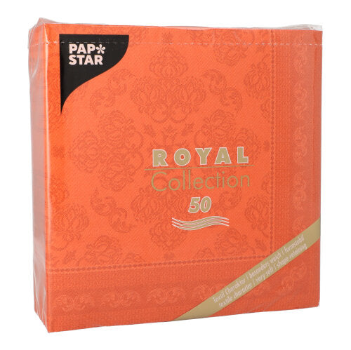 A package of 50 PAPSTAR GmbH napkins "ROYAL Collection" 1/4-fold, 40 x 40 cm in nectarine, shows a subtle pattern with gold and white lettering.