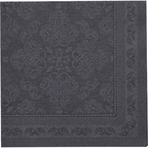 The black napkin "ROYAL Collection" of PAPSTAR GmbH (40 x 40 cm, 1/4-folded) in top view shows an embossed floral and geometric pattern with a decorative border on the edges. Pack of 50 pieces.