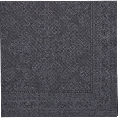 The black napkin "ROYAL Collection" of PAPSTAR GmbH (40 x 40 cm, 1/4-folded) in top view shows an embossed floral and geometric pattern with a decorative border on the edges. Pack of 50 pieces.