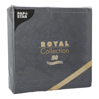 A sealed pack of 50 black PAPSTAR "ROYAL Collection" napkins (40 x 40 cm, 1/4 fold) of PAPSTAR GmbH, with elegant, subtle patterning and branding in the upper left corner.