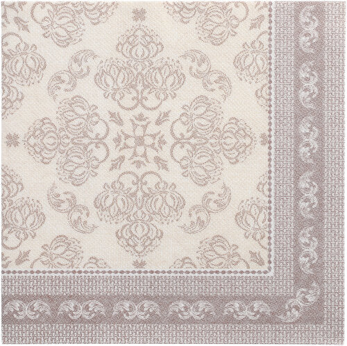 The 50-piece set PAPSTAR "ROYAL Collection" napkins (mocca, 40 x 40 cm, 1/4-fold) from PAPSTAR GmbH features a subtle floral and swirl pattern in light brown tones with a decorative border on two edges.