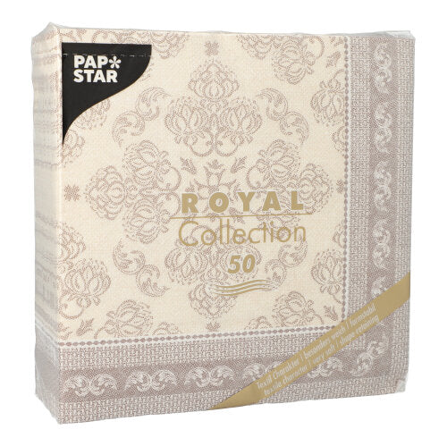 The PAPSTAR GmbH 50 napkins "ROYAL Collection" 1/4-fold in mocca is patterned in beige and light brown, has gold-colored lettering, and is delivered in a 40 x 40 cm package.