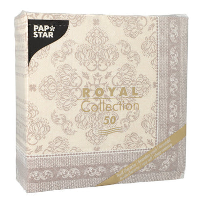 The PAPSTAR GmbH 50 napkins "ROYAL Collection" 1/4-fold in mocca is patterned in beige and light brown, has gold-colored lettering, and is delivered in a 40 x 40 cm package.