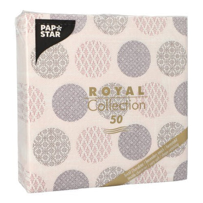 A pack of 50 PAPSTAR "ROYAL Collection" napkins 1/4-fold 40 x 40 cm in pink by PAPSTAR GmbH, with decorative design and product information on the front.