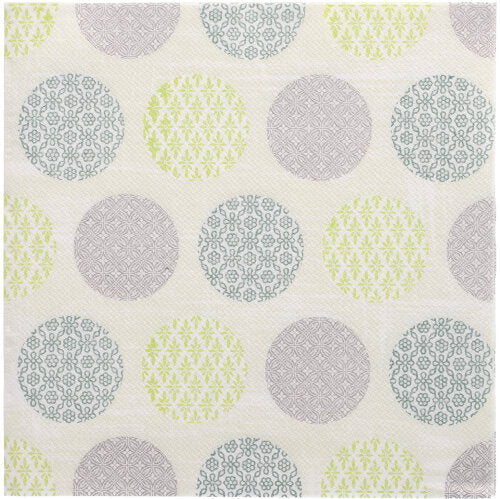 Die PAPSTAR 50 Servietten "ROYAL Collection" 1/4-Falz 40 x 40 cm grün der PAPSTAR GmbH zeichnen sich durch eine gemusterte Oberfläche mit gleichmäßig verteilten Kreisen in Grau, Blau und Grün auf Weiß aus, die jeweils mit filigranen geometrischen oder floralen Mustern gefüllt sind.