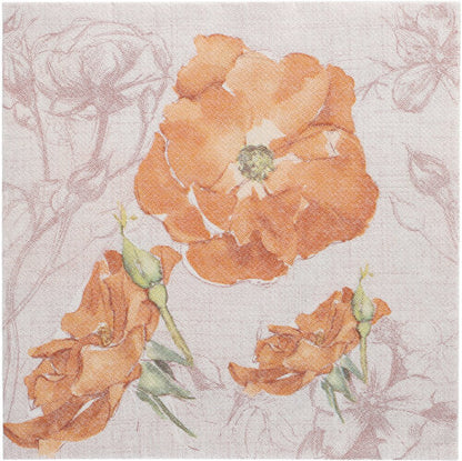 The PAPSTAR GmbH 50 napkins "ROYAL Collection" 1/4-fold 40 x 40 cm nectarine shows a light background with three orange blossoms, buds, green stems, and faint floral outlines.