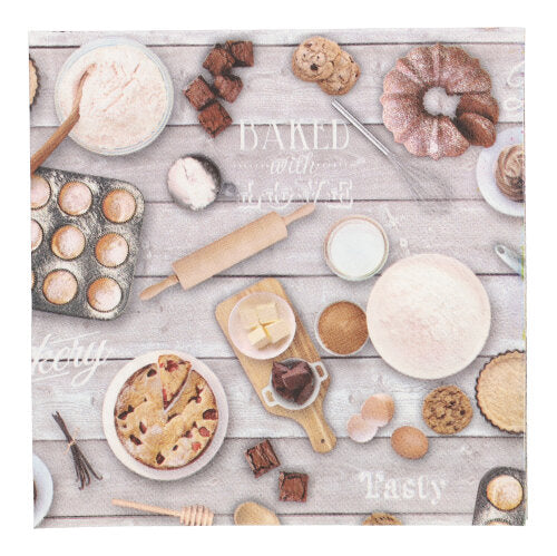 A stylish flat lay shows baking ingredients and tools - flour, rolling pin, butter, eggs, brownies, cookies, a bundt cake, a tart - as well as PAPSTAR 20 napkins 33x33 cm 3-ply 1/4-fold from Design Set 6 by PAPSTAR GmbH.