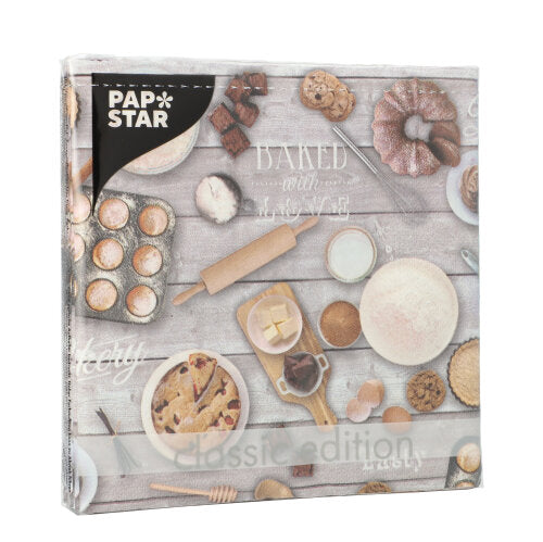 The PAPSTAR 20 napkins, 33x33 cm, 3-ply from PAPSTAR GmbH are a design set 6 on the theme of baking with images of baked goods and ingredients on a light wooden surface.