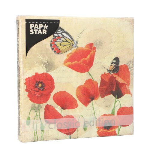 A pack of PAPSTAR GmbH 20 napkins, 33x33 cm, 3-ply, 1/4 fold design set 2, featuring a red poppy and butterfly motif on a light, textured background with a "classic edition" label.