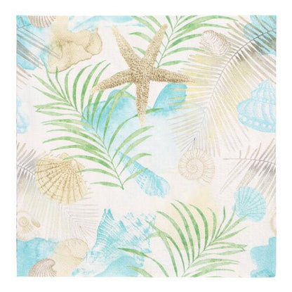 These PAPSTAR 20 napkins (33 x 33 cm, 3-ply) from PAPSTAR GmbH feature a patterned design with green palm leaves, beige and blue shells, a starfish, and abstract watercolor shapes on a white background.