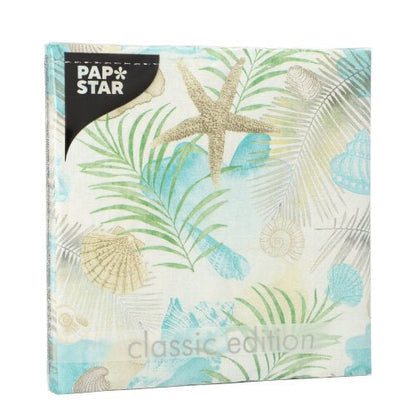 A square pack of PAPSTAR GmbH 20 napkins, 33 cm x 33 cm, 3-ply, 1/4 fold design set 2 napkins with a classic beach motif in green, blue, and beige tones.