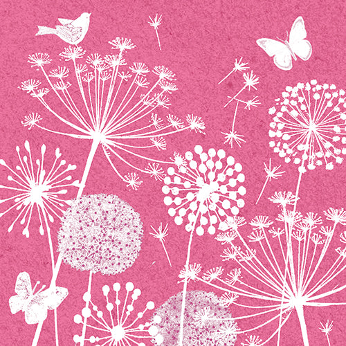 White silhouettes of dandelion-like flowers, butterflies, and a bird float on a textured pink background. 30 napkins from PAPSTAR GmbH, 3-ply, 1/4-fold (33 x 33 cm), feature delicate dandelion seeds floating in the breeze.