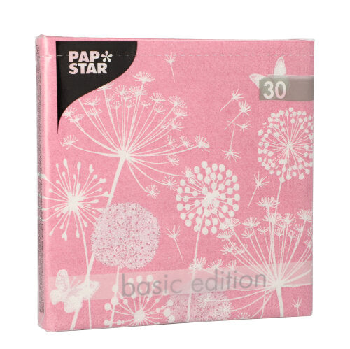 A pink napkin pack "Basic Edition" from PAPSTAR GmbH with a white dandelion motif contains 30 high-quality, 3-ply napkins in 33x33cm format, folded to 1/4 size.