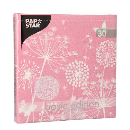 A pink napkin pack "Basic Edition" from PAPSTAR GmbH with a white dandelion motif contains 30 high-quality, 3-ply napkins in 33x33cm format, folded to 1/4 size.