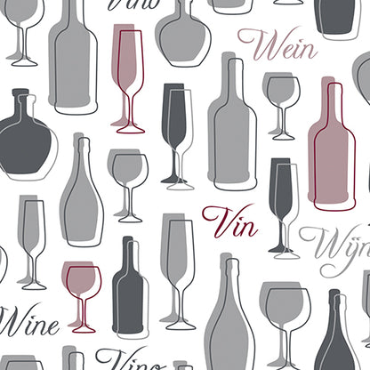 Stylish seamless pattern with wine bottle and glass silhouettes in gray and red on white, along with "Wine", "Vin", "Wein", and "Wijn" – ideal for 30 napkins from PAPSTAR GmbH, 3-ply, 1/4-fold, 33 x 33 cm.
