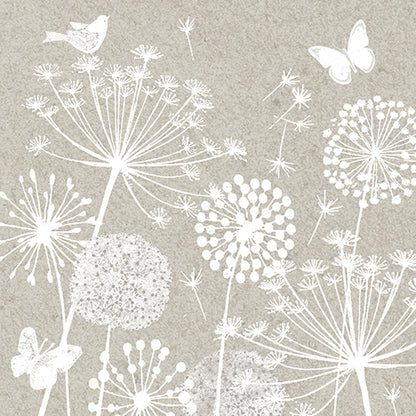 White line drawings of dandelions, a butterfly, and a bird float on a light gray background on the PAPSTAR 30 napkins (3-ply, 33x33 cm) from PAPSTAR GmbH – ideal, high-quality napkins for special occasions.