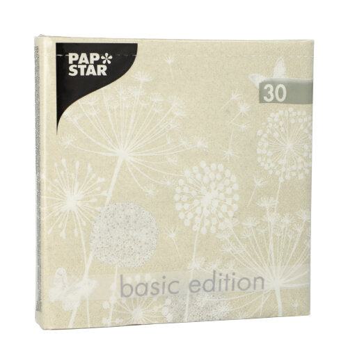 A beige square pack of PAPSTAR 30 napkins (3-ply, 1/4-fold, 33x33 cm) from PAPSTAR GmbH features a white dandelion motif, the inscription "Basic Edition", the number "30" in the top right corner, and the PAPSTAR logo in the upper left corner.