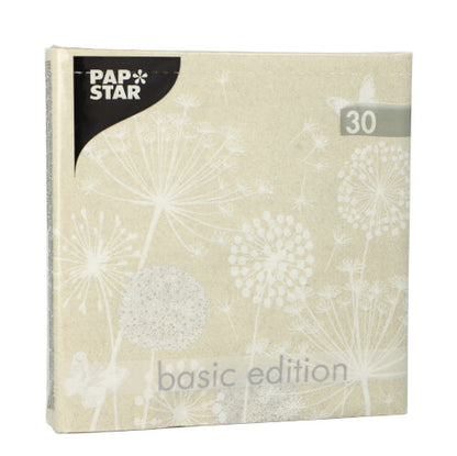 A beige square pack of PAPSTAR 30 napkins (3-ply, 1/4-fold, 33x33 cm) from PAPSTAR GmbH features a white dandelion motif, the inscription "Basic Edition", the number "30" in the top right corner, and the PAPSTAR logo in the upper left corner.