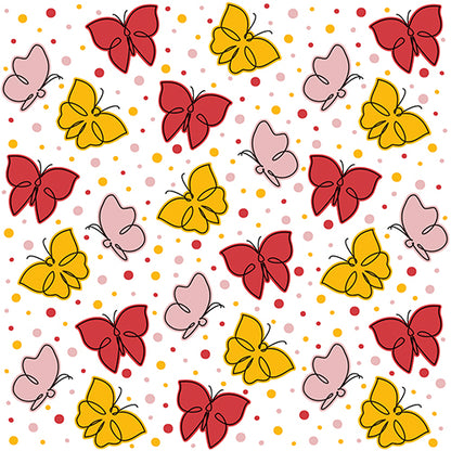 PAPSTAR 30 napkins, 3-ply (33 x 33 cm, 1/4-fold) from PAPSTAR GmbH feature a seamless pattern of red, yellow, and light pink butterflies on white with scattered colorful dots – ideal for any occasion.