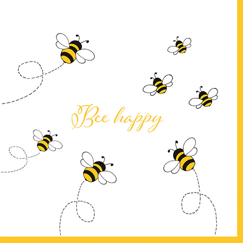 Illustration of six comic bees with dotted flight paths and “Bee happy” in yellow lettering on a white background, yellow-bordered – ideal for PAPSTAR 30 napkins, 3-ply 1/4-fold (33x33 cm) from PAPSTAR GmbH.