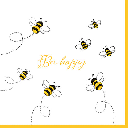 Illustration of six comic bees with dotted flight paths and “Bee happy” in yellow lettering on a white background, yellow-bordered – ideal for PAPSTAR 30 napkins, 3-ply 1/4-fold (33x33 cm) from PAPSTAR GmbH.