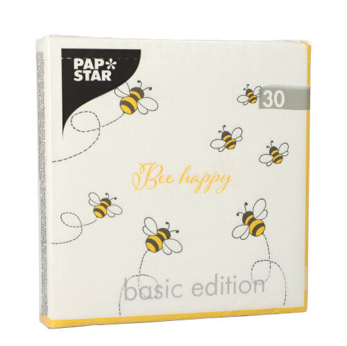 Pictured is a pack of PAPSTAR 30 napkins, 3-ply (33x33 cm, 1/4-fold) from PAPSTAR GmbH, with cartoon bees, “Bee happy” in yellow lettering and “Basic Edition” at the bottom edge.