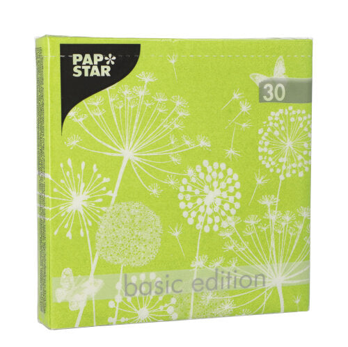 A green package with 30 PAPSTAR napkins, 3-ply, 33 x 33 cm, from PAPSTAR GmbH – stylish napkins with white floral patterns, perfect for your table decoration.