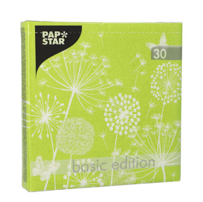 A green package with 30 PAPSTAR napkins, 3-ply, 33 x 33 cm, from PAPSTAR GmbH – stylish napkins with white floral patterns, perfect for your table decoration.