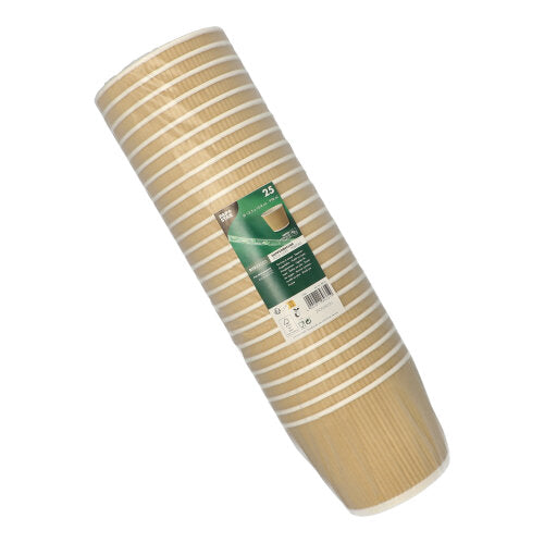 A stack of 25 PAPSTAR round soup cups, brown/white, Ripple Wall (13.5 cm) from PAPSTAR GmbH, in plastic wrap with a green info sticker.
