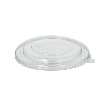The Starpak 25 lid for R-PET round soup cups by Starpak is a transparent, round lid made of eco-friendly R-PET with a slightly raised center and a tab for easy removal, depicted against a plain white background.