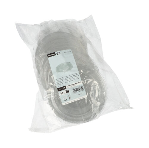 A transparent plastic bag contains 25 round soup cup lids made of Starpak R-PET with a rectangular label featuring product information, recycling symbols, and a barcode – a sustainable choice by Starpak for daily use.