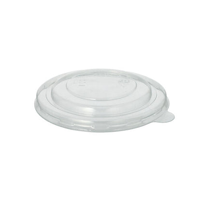 The Starpak 25 lid for R-PET round soup cups, a transparent lid with a raised center and small tab, is presented against a white background – an eco-friendly disposable option by Starpak.