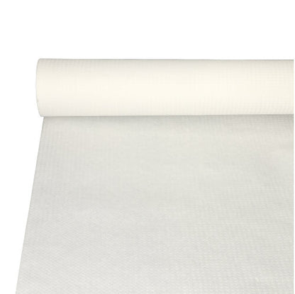 A white roll PAPSTAR tablecloth (paper, 20 m x 118 cm) from PAPSTAR GmbH is partially unrolled on a smooth surface, showing its clean, finely structured, and gridded surface - ideal for parties. Delivered shrink-wrapped (1 roll).