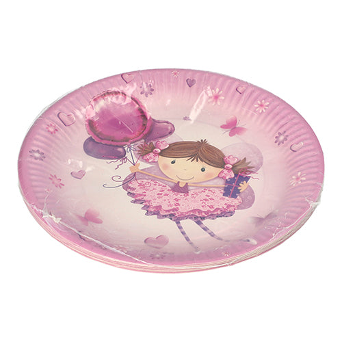 PAPSTAR 10 plates, round cardboard Ø 23 cm from PAPSTAR GmbH – pink plates with a girl in a pink dress holding a balloon, hearts, and flowers. Perfect disposable plate for parties & events. The plates are delivered in a plastic package.