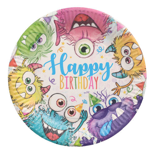 The 10-pack plate, round cardboard Ø 23 cm from PAPSTAR GmbH features colorful cartoon monsters with party hats and “Happy Birthday” in the center – ideal for parties and celebrations.