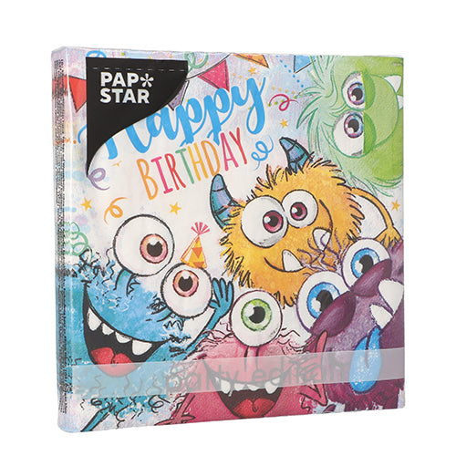 Ein Stapel PAPSTAR 3lagig Servietten (20 Stück, 33x33 cm, Set 4) mit Cartoon-Monstern, Konfetti und "Happy Birthday"-Ideal als Tischdekoration. Oben links ist ein schwarzes "PAP STAR" Etikett der Marke PAPSTAR GmbH zu sehen.
