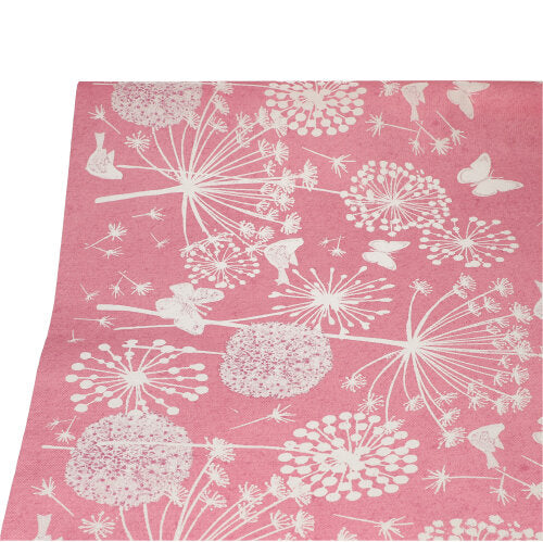 The PAPSTAR tablecloth from PAPSTAR GmbH (paper, 3 m x 1.2 m) features a pink design with white dandelion blooms, butterflies, and flowers on a plain background for an elegant touch.