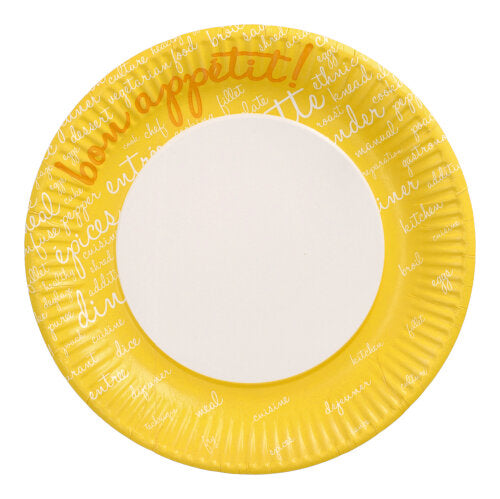 The PAPSTAR 10 paper plates, round Ø 23 cm from PAPSTAR GmbH have a yellow rim, orange "Guten Appetit!" lettering, and food-related words - ideal for parties and events. The center is white.