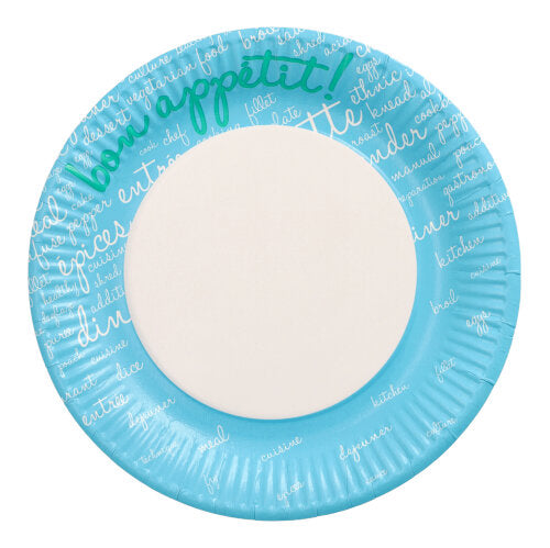 The PAPSTAR 10 plates, paper round Ø 23 cm from PAPSTAR GmbH have a white center and a blue rim with "Guten Appetit!" in green and a food-themed text in white - ideal for parties and events.