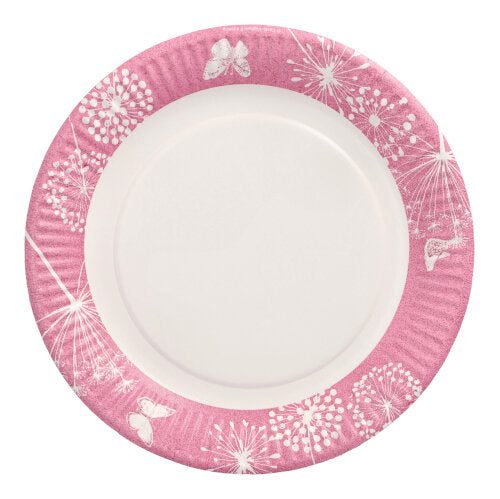 The 10 paper plates, round Ø 23 cm from PAPSTAR GmbH feature a pink rim with white dandelion and butterfly motifs. The center is plain white, making this disposable plate ideal for parties and events.
