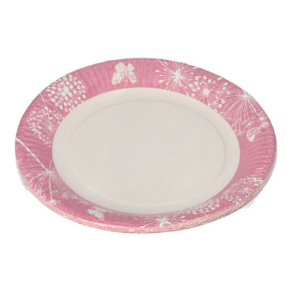 The PAPSTAR 10 plates, paper round Ø 23 cm from PAPSTAR GmbH have a pink rim with white dandelion and butterfly motifs. The center is plain white - ideal for parties and events.