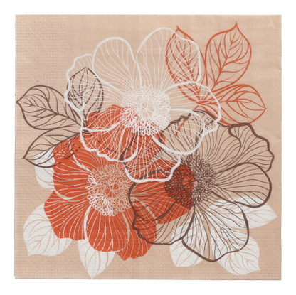 The PAPSTAR 20 napkins, 33 cm x 33 cm, 3-ply from PAPSTAR GmbH is a brown paper napkin with a floral line design in orange, white, and black for an elegant look. Part of Design Set 6 with detailed linear petals and stamens.