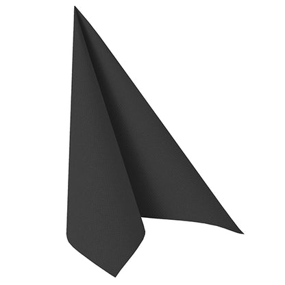 A single black napkin from the PAPSTAR 50 napkins "ROYAL Collection" 1/4 fold (40 x 40 cm) of PAPSTAR GmbH is folded upright with a pointed end in a triangular shape, depicted on a white background.