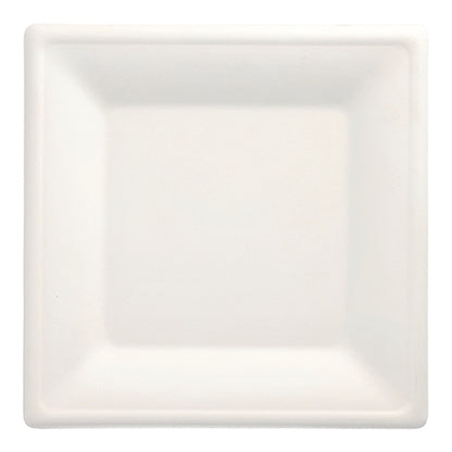 The 100 plates, sugarcane “pure” square, white by the PAPSTAR GmbH is a white, square, biodegradable plate with a slightly raised edge – an eco-friendly disposable option, photographed from above against a white background.