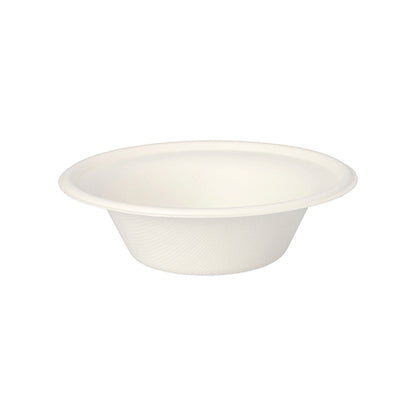The PAPSTAR 100 bowls, sugarcane "pure" from PAPSTAR GmbH is a simple, white, round disposable bowl made of eco-friendly sugarcane with a wide rim and smooth sides, depicted on a white background.