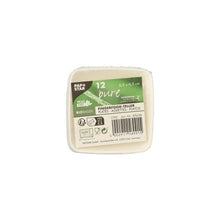 A square package containing 12 PAPSTAR Square finger food plate, 6.5 cm, white, made from "pure" sugarcane, by PAPSTAR GmbH, in shrink wrap; labeled as sustainable disposable tableware and biodegradable.