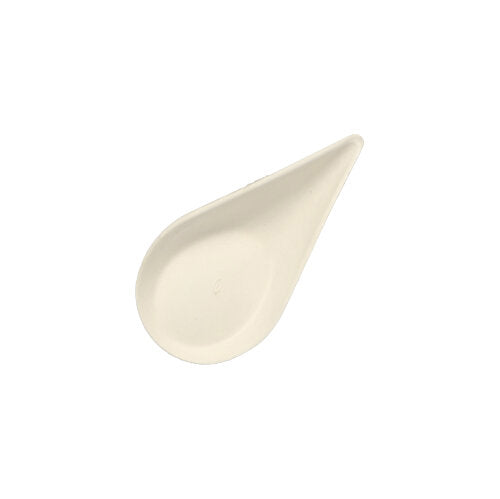 A small, white, drop-shaped PAPSTAR 12 finger food plate made from biodegradable sugarcane "pure" from PAPSTAR GmbH, with a flat hollow, photographed from above on a white background.