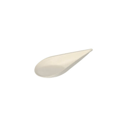 A small, white, drop-shaped PAPSTAR 12 finger food plate made of sugarcane "pure" from PAPSTAR GmbH is depicted from above on a plain white background. The biodegradable dish has a flat scoop and a pointed end.