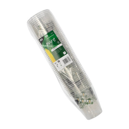 A pack of 50 PAPSTAR "Cup made of corn" PLA cups from PAPSTAR GmbH, wrapped in plastic foil and provided with a green-white label indicating they are biodegradable and made from corn.