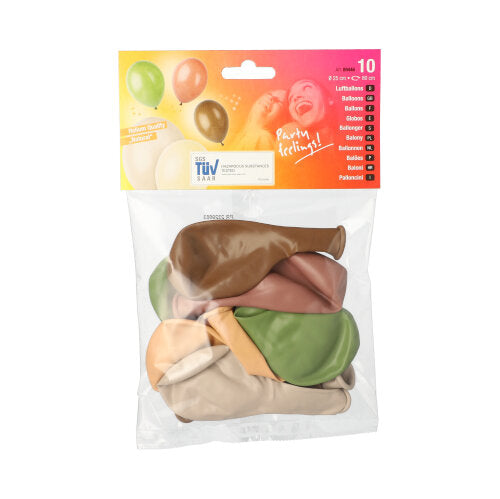 A transparent plastic packaging from PAPSTAR GmbH contains ten assorted color balloons (Ø 25 cm) in earth tones. The top shows colorful graphics and texts indicating high-quality party balloons. Product: PAPSTAR 10 assorted color balloons.